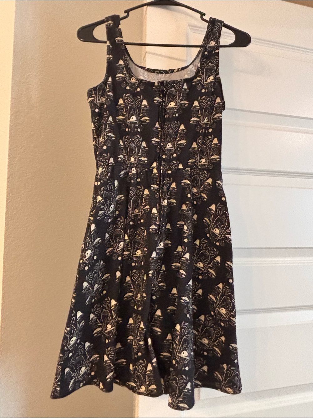 Retrolicious Black Mini Dress with mushrooms, skulls snakes. Alchemy.